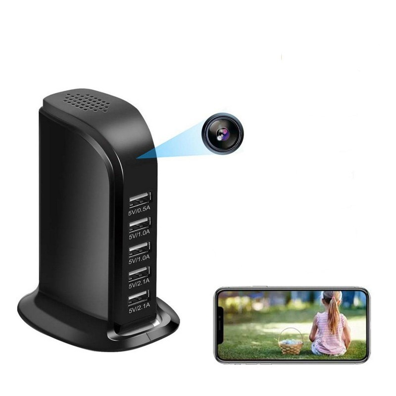 Remotely accessible USB mains charging station camera